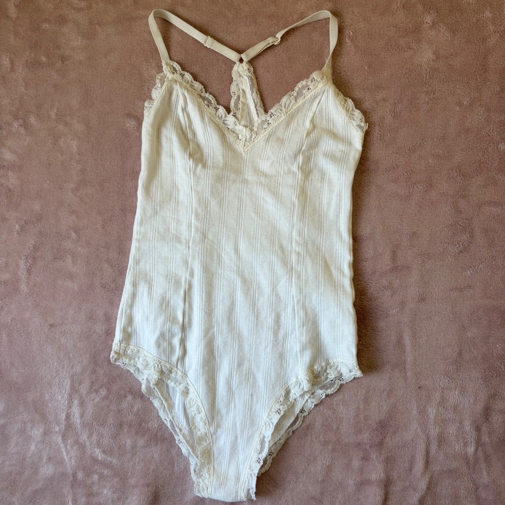 Aerie White Ribbed Pointelle Lace Trim Bodysuit Racerback Small
